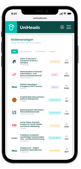 UniHeads als App am Handy mit Stellenanzeigen